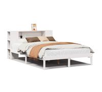Yisssmeng Lit en bois massif de 135 x 190 cm, blanc, cadre de lit en pin avec sommier à lattes et tête de bibliothèque, lit en bois avec espace de rangement, pour chambre à coucher et chambre