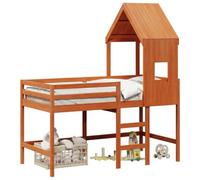 Yisssmeng Lit mezzanine 90 x 190 cm en pin massif avec toit et sommier à lattes, cadre de lit stable avec garde-corps de protection pour chambre d'adolescent et d'amis, marron ciré