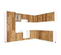Yisssmeng Lot de 14 armoires de cuisine Porto aspect bois vieilli, système de cuisine modulable en bois avec armoires inférieures et suspendues et panneau de lave-vaisselle