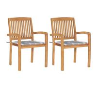 Yisssmeng Lot de 2 chaises de jardin en teck massif - 60 x 57,5 x 90 cm - Avec coussin à carreaux gris - Chaises de terrasse empilables pour balcon, jardin et salon d'extérieur - Look vintage