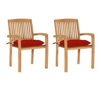 Yisssmeng Lot de 2 chaises de jardin en teck massif - Avec rembourrage rouge - 60 x 57,5 x 90 cm - Accoudoirs empilables - 7 cm - Coussin d'assise vintage - Pour balcon, jardin, extérieur