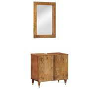 Yisssmeng Lot de 2 meubles de salle de bain en bois de manguier massif, meuble de lavabo avec miroir, motif sculpté à la main, finition marron miel, 62 x 33 x 58 cm