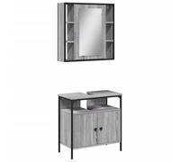 Yisssmeng Lot de 2 meubles de salle de bain gris Sonoma - Meuble sous lavabo avec découpe siphon et miroir mural - Armoire de salle de bain en bois - Compact - 60 cm