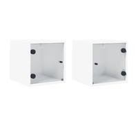 Yisssmeng Lot de 2 Tables de Chevet Murales Blanc 35x37x35 cm | Meuble suspendu gain de place avec portes vitrées pour chambre à coucher, idéal pour ranger vos livres et petits objets.