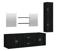 Yisssmeng Lot de 7 meubles de salle de bain en bois noir - Ensemble de meubles de salle de bain modernes avec 1 meuble sous lavabo de 150 cm, 2 armoires murales, 2 étagères et 2 miroirs pour montage