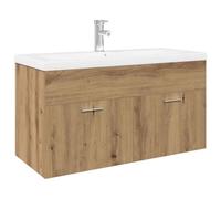 Yisssmeng Meuble de lavabo avec lavabo encastré de 90 cm, ensemble de meubles de salle de bain en chêne Artisan avec lavabo en céramique, robinet et vidange, lavabo suspendu avec tiroir pour salle de