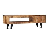 Yisssmeng Meuble TV bas 140 x 30 x 40 cm en bois d'acacia massif avec structure en métal - Design moderne - Plusieurs compartiments de rangement pour téléviseur jusqu'à 65" - Pour salon, chambre à