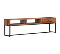 Yisssmeng Meuble TV bas 160 x 30 x 45 cm en bois d'acacia massif, buffet vintage avec tiroir et compartiments ouverts, structure en acier noir, design moderne et robustesse pour salon, chambre à