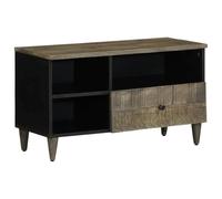 Yisssmeng Meuble TV bas 80 x 33 x 46 cm en bois de manguier massif avec motif sculpté à la main Noir Support TV moderne pour salon et chambre à coucher