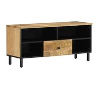 Yisssmeng Meuble TV bas en bois de manguier massif 100 x 33 x 46 cm avec pieds en fer - Design moderne - Meuble TV robuste pour salon, chambre à coucher et couloir