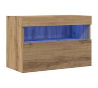 Yisssmeng Meuble TV bas en chêne artisanal, 60 x 30 x 40 cm, matériau du bois avec bandes LED, design moderne, montage mural, peu encombrant, pour salon, chambre à coucher et couloir