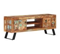 Yisssmeng Meuble TV bas rétro 112 x 30 x 45 cm en bois recyclé massif et pieds en fer, multicolore, buffet industriel, avec portes et sols, meuble de salon moderne pour salon et bureau