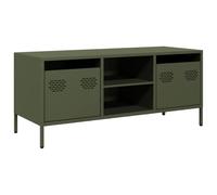 Yisssmeng Meuble TV bas vert olive 101,5 × 39 × 43,5 cm en acier, 2 compartiments et 2 tiroirs, réglable en hauteur, buffet peu encombrant pour salon / chambre à coucher