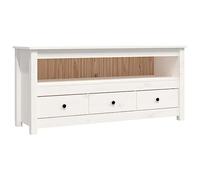 Yisssmeng Meuble TV blanc 114 x 35 x 52 cm en pin massif design maison de campagne moderne avec 3 tiroirs et grand compartiment - Table TV robuste pour salon, chambre à coucher et bureau