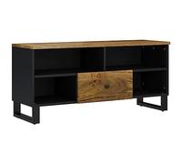 Yisssmeng Meuble TV en bois massif - 100 x 33 x 46 cm - Bois de manguier/bois - Marron miel - Pieds en fer - Compartiments ouverts - Tiroir - Meuble TV industriel
