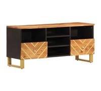 Yisssmeng Meuble TV en bois massif de mangue - 100 x 33,5 x 46 cm - Design moderne avec pieds en fer - Grand espace de rangement pour salon, bureau, chambre à coucher