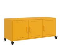 Yisssmeng Meuble TV jaune moutarde 100,5 x 39 x 43,5 cm, en acier laminé à froid, meuble bas moderne avec 3 portes et roulettes, meuble TV pour salon, chambre à coucher et couloir