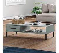 Yisssmeng Oslo Table basse 100 × 55 × 29 cm, en pin massif, pieds en métal, tiroir, compartiment ouvert, salon, chambre à coucher