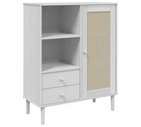Yisssmeng SENJA Buffet haut 90 x 40 x 112 cm, blanc, aspect rotin, pin massif et vernis UV, grand espace de rangement avec 2 tiroirs et 5 compartiments, design moderne pour salon, chambre à coucher ou
