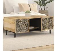 Yisssmeng Table basse 100 x 54 x 40 cm en bois de manguier massif rétro avec motif sculpté à la main, pieds en fer, espace de rangement pour salon, table basse, petite table basse