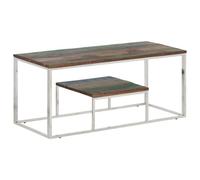 Yisssmeng Table basse 110 x 45 cm en acier inoxydable et bois recyclé massif, design moderne, table d'appoint argentée avec plateau de table recyclé de 15 mm, petite table de salon pour salon, canapé