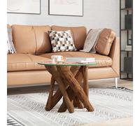 Yisssmeng Table basse en teck flotté massif avec plateau en verre de 60 cm marron rustique fait à la main pour salon, canapé et balcon