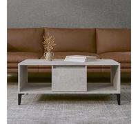 Yisssmeng Table basse gris béton 90 x 50 x 36,5 cm en bois avec tiroir et 2 compartiments, pieds en métal stables, table d'appoint moderne pour salon