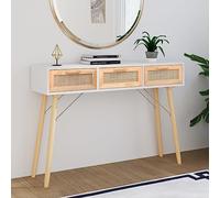 Yisssmeng Table console - Blanc - 105 x 30 x 75 cm - En pin massif - Avec façade en rotin - Petite table d'appoint scandinave - Avec 3 tiroirs - Design moderne - Pour salon, couloir et chambre à