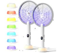 YISSVIC 2PCS Raquette Electrique Insectes 1800mAh Raquette Anti Moustique 4000V Tapette à Mouche Puissante ave Base Lumineuse Rechargeable USB-C Élimine Moustiques Mites Fourmis Volantes, Blanc