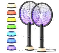 YISSVIC 2PCS Raquette Electrique Insectes 1800mAh Raquette Anti Moustique 4000V Tapette à Mouche Puissante ave Base Lumineuse Rechargeable USB-C Élimine Moustiques Mites Fourmis Volantes, Noir