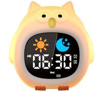 YISSVIC Réveil Enfant Educatif Jour Nuit 2 Alarme 12/24 Heure Snooze Luminosité de l'Ecran Réglable Réveil Lumineux 7 Couleurs 10 Chansons Arrêt Automatiquement en Forme Hibou