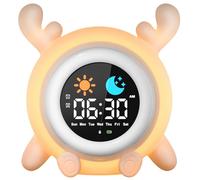 YISSVIC Réveil Enfant Educatif Jour Nuit 2 Alarme 3 Récurrence de l'Alarme 12/24 Heure Snooze 10 Chansons Luminosité de l'Ecran Réglable Réveil Lumineux 7 Couleurs Arrêt Automatiquement en Forme Renne