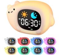 YISSVIC Réveil Enfant Educatif Jour Nuit 2 Alarmes 3 Récurrence de l'Alarme 12/24 Heure Snooze 10 Chansons Luminosité de l'Ecran Réglable Réveil Lumineux 7 Couleurs Arrêt Automatiquement en Forme Chat