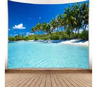 YISURE Tapisserie Plage Mer 355 x 230 cm Tapisserie Naturel Palmiers Feuille de Coco Bateau Mer Tenture Murale pour Salon Dortoir Décoration Maison Largeur 355 x Hauteur 230 cm