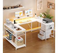 YITAHOME 158cm Bureau d'angle avec tiroirs Prises LED Reversible Blanc