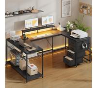 YITAHOME Bureau d'angle avec tiroirs et Espace de Rangement, Bureau de Jeu avec LED et Support pour écran, pour Bureau à Domicile, Bureau Gaming réversible avec Prises et Ports, 158x100 cm, Noir