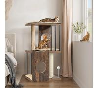 YITAHOME Arbre à Chat Moderne à 3 Niveaux de 90 cm pour Grands Chats d'Intérieur, Tour à Chat en Bois avec Griffoirs, Coussins Amovibles, Boule à Ressort, Pompon, Marron Rustique