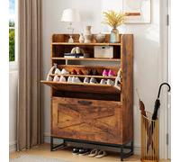YITAHOME Armoire à Chaussures avec 2 Tiroirs Rabattables, Armoire de Rangement en Bois Style Campagne Brun, Étagères Ouvertes, Meuble Autoportant pour Entrée, Salon, Couloir, Chambre, 24x64x114 cm