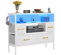 YITAHOME Armoire à tiroirs en Tissu avec Prises de Courant et lumières LED, Commode en Tissu avec 4 tiroirs et 2 Crochets, Convient aux téléviseurs jusqu'à 81,3 cm, Commode pour Chambre à Coucher