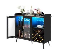 YITAHOME Armoire de Bar avec lumières LED réglables, Bar à café avec casier à vin, Crochets et Porte en Acrylique, Buffet de Cuisine pour Bar, Salle à Manger, Salon, Noir