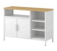 YITAHOME Armoire de rangement, armoire en métal, buffet, placard avec portes doubles, loquet magnétique, étagères réglables, cadre en acier, 108 x 40 x 75,9 cm, boîtier blanc + comptoir en chêne jaune