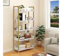 YITAHOME Bibliothèque à 5 étages, Ouverte, en métal, étroite, Haute, avec 4 Crochets, étagère de Rangement Industrielle pour Salon, Bureau à Domicile, dorée