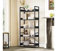 YITAHOME Bibliothèque à 5 Niveaux, étagère à Livres au Sol, étagère en Bois et étagères à Cadre en Acier Stable avec 4 Crochets, étagère de Rangement Industrielle pour Salon, Bureau à Domicile, Noir