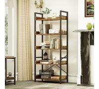 YITAHOME Bibliothèque à 5 Niveaux, étagère à Livres sur Pied, étagère en Bois et Cadre en Acier Stable avec 4 Crochets Étagère de Rangement Industrielle pour Salon, Bureau à Domicile, étagère Marron