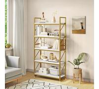YITAHOME Bibliothèque à 5 Niveaux, Grande étagère en Bois et Cadre en métal, étagère Industrielle, étagère de Rangement au Sol, pour Salon, Bureau à Domicile, étagères dorées