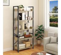 YITAHOME Bibliothèque à 5 Niveaux, Haute et étroite, étagère en Bois avec Cadre en Acier Stable, unité de Rangement Industrielle avec 4 Crochets pour Salon, Bureau à Domicile - Couleur chêne
