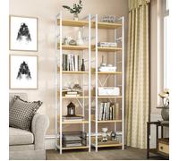 YITAHOME Bibliothèque à 6 Niveaux avec 4 Crochets, Étagère en Cadre Métallique, Rangement à Livres, Blanc Chêne 40 x 30 x 185 cm