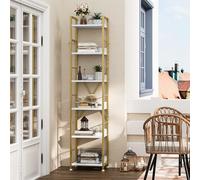 YITAHOME Bibliothèque à 6 Niveaux, étagère à Livres au Sol avec 4 Crochets, étagère en Bois et Cadre en métal, étagère Haute Industrielle, Rangement pour Salon, Bureau à Domicile, Doré