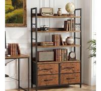 YITAHOME Bibliothèque Industrielle à 4 Niveaux avec étagères réglables et 4 tiroirs en Tissu, étagère Autonome avec Cadre en métal pour Salon, Chambre à Coucher, Bureau, Marron Rustique