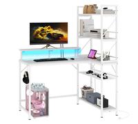 YITAHOME Bureau avec Étagère - LED - Bureau avec 2 Prises et 2 Ports de Charge USB - Table avec support d'écran -106cm - Blanc